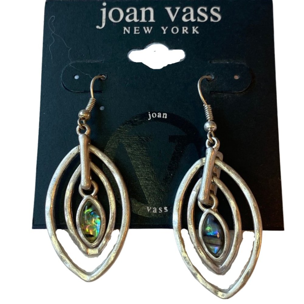 Joan Vass New York Silver Drop Earrings with Green Gem
